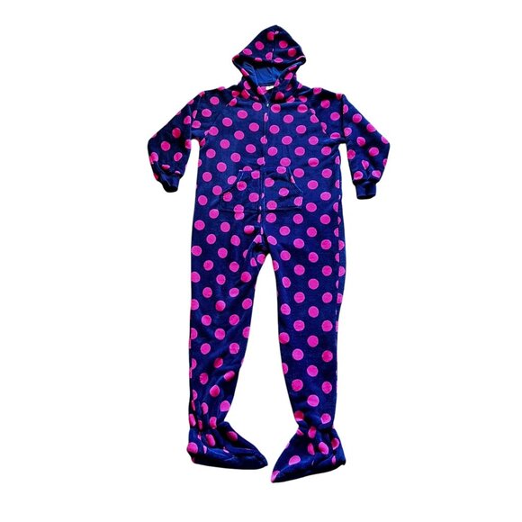 Footed Pajamas Hooded Purple Pink Polka Dot Fleece Zipper Closure Pocket Warm - Picture 1 of 16